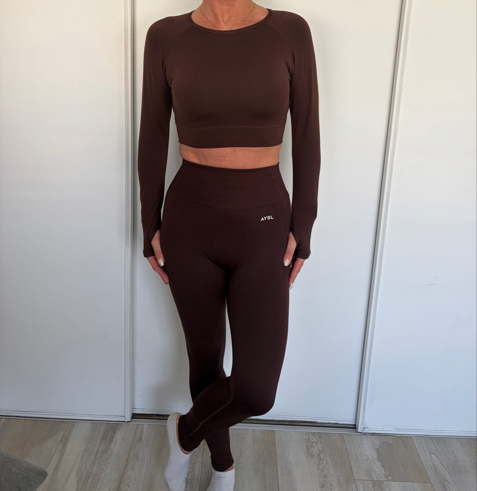 AYBL Sportset, Kleding | Dames, Sportkleding, Zo goed als nieuw, Fitness of Aerobics, Maat 36 (S), Bruin, Ophalen of Verzenden