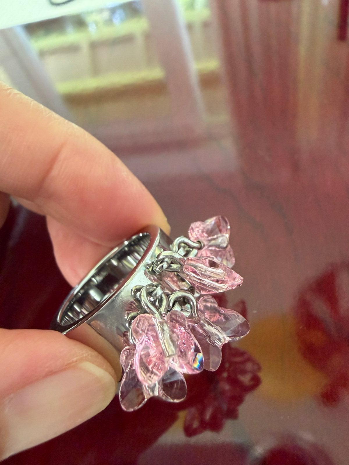 Swatch ring met roze kristallen, maat 17-18, Met kristal, Gebruikt, IJzer of Staal, Ophalen of Verzenden