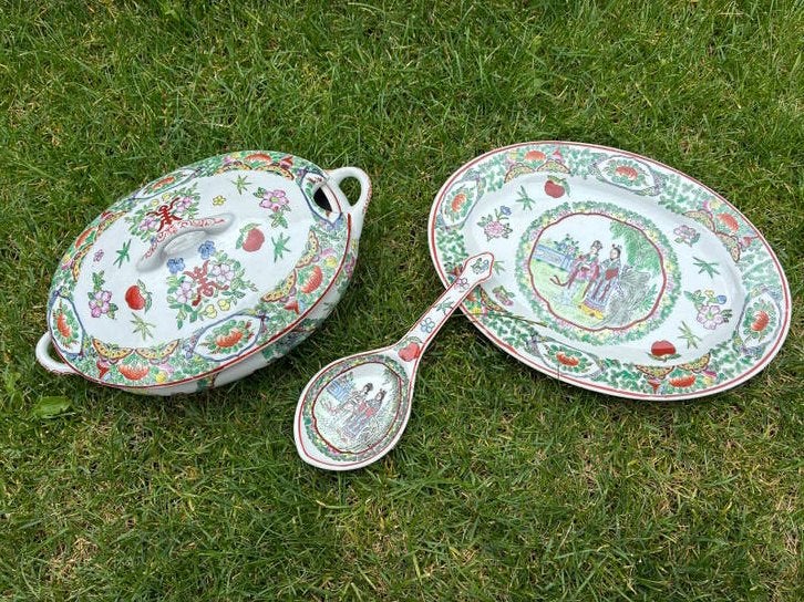Vintage Chinese Porseleinen Serveerset met Handgeschilderde, Ophalen of Verzenden