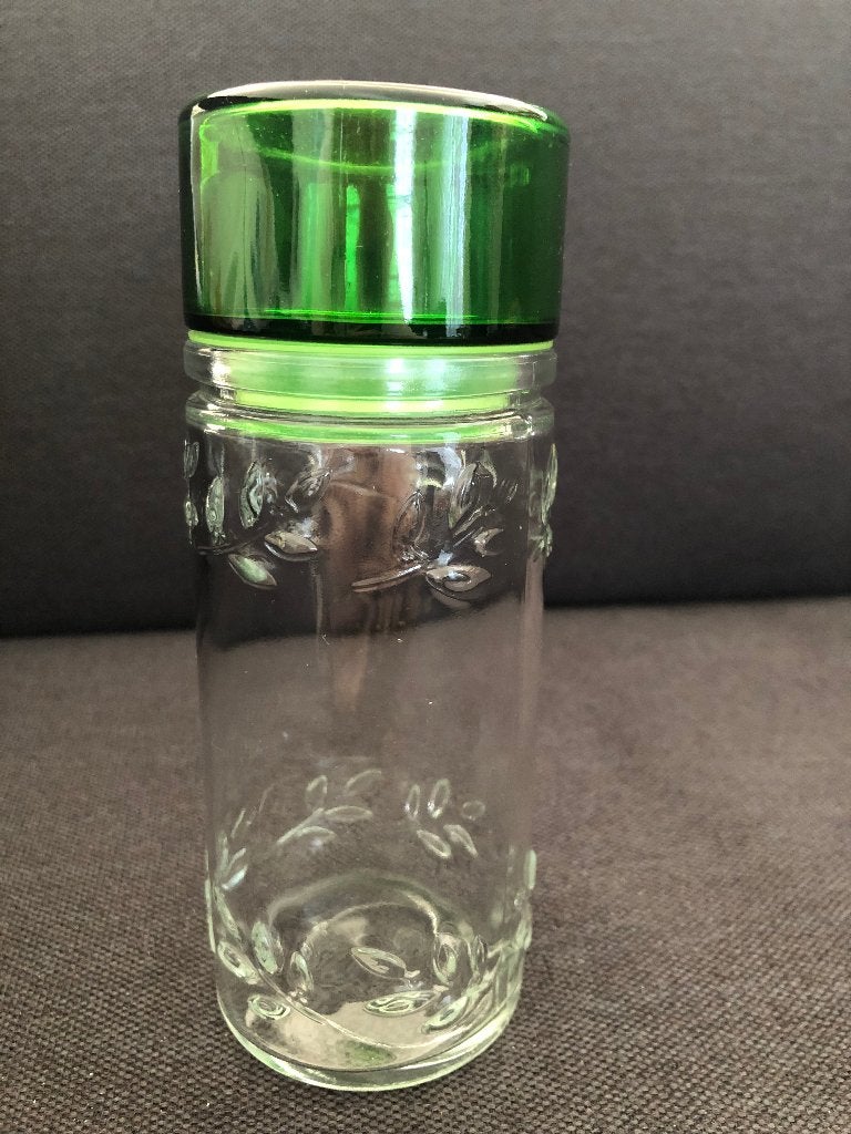 Vintage wit glazen voorraadpot met groen deksel/dop, Ophalen of Verzenden, Voorraadpot, Meerkleurig, Glas