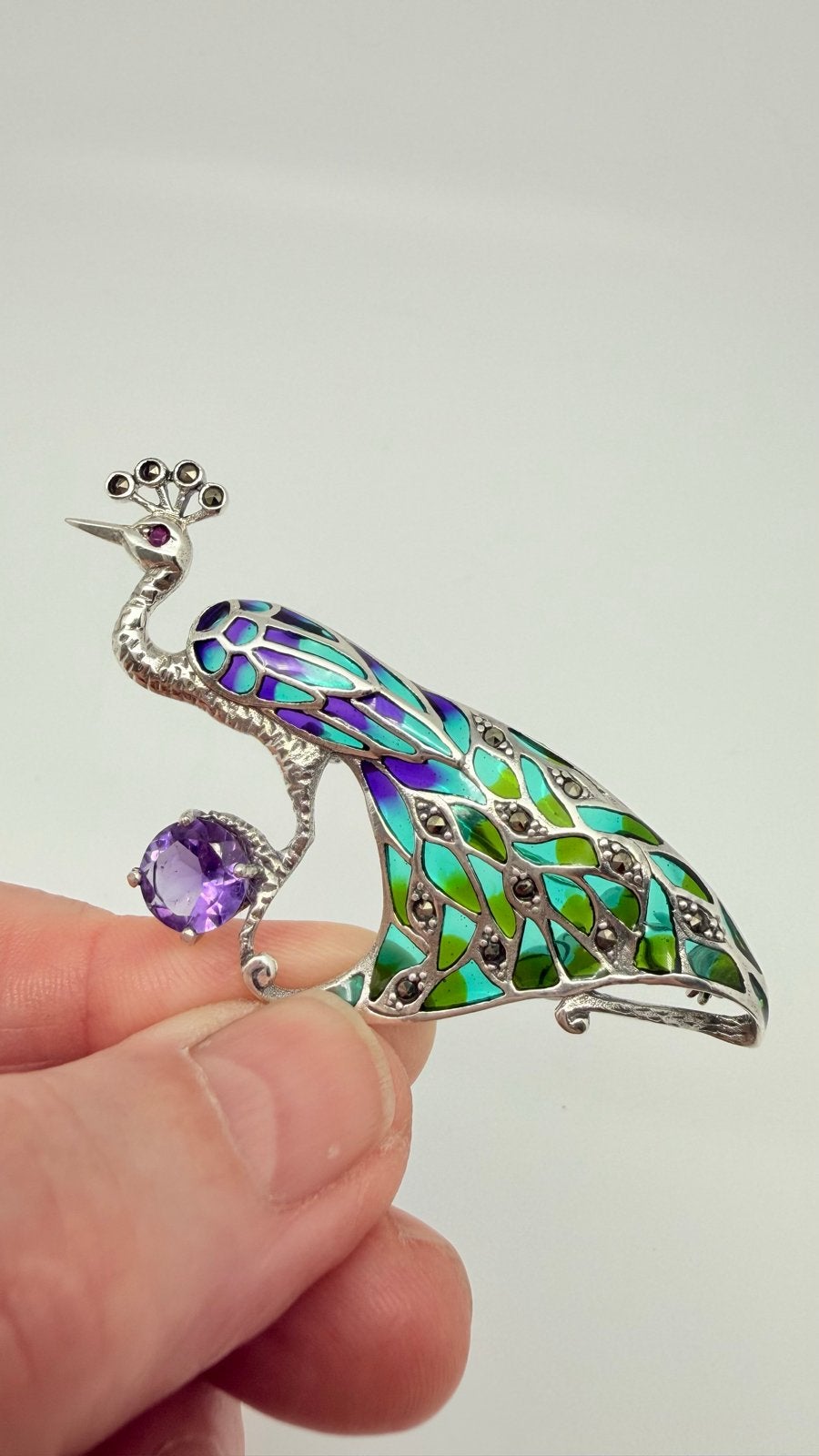 Zilveren Pauw Broche met Amethist en Glasemaille., Met edelsteen, Verzenden, Blauw, Zilver