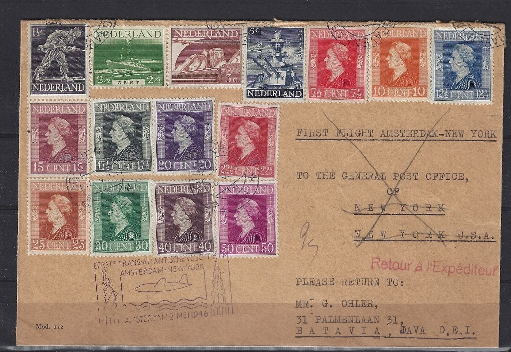 Oude brief Amsterdam - New York 428-442 retour naar Batavia, Ophalen of Verzenden, Brief