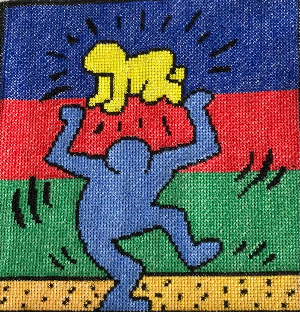Geborduurd kunstwerkje in Keith Haring stijl, Hobby en Vrije tijd, Ophalen of Verzenden, Gebruikt, Handborduren, Overige typen
