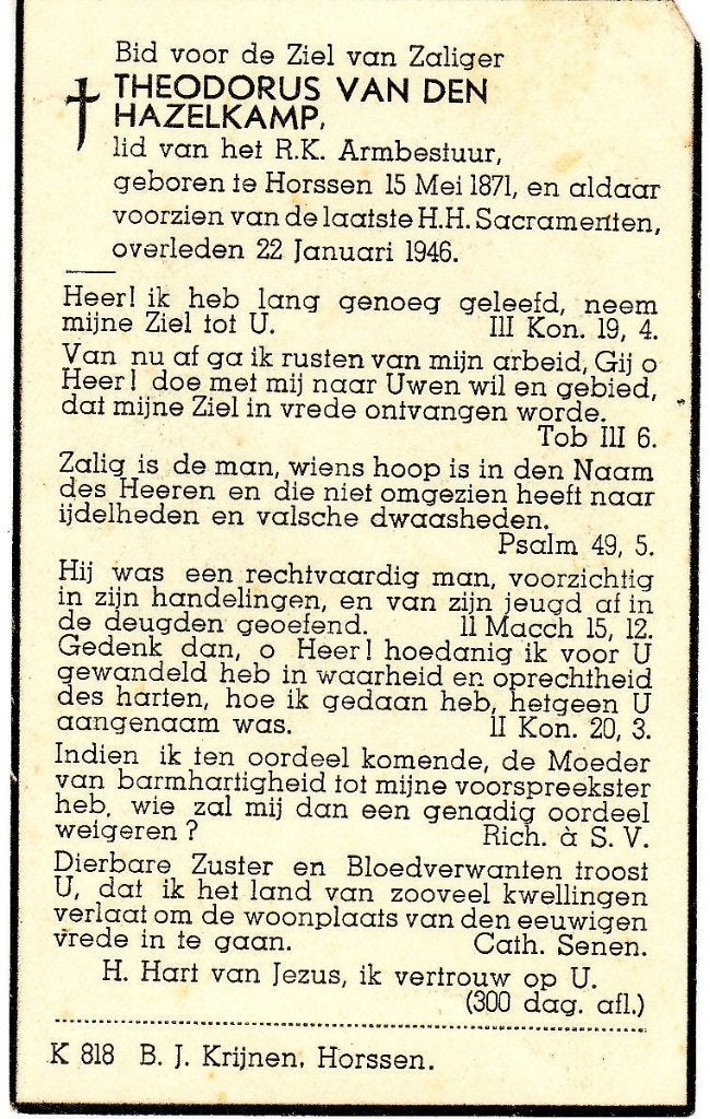 Horssen 1871 - 1946 Theodorus van den Hazelkamp, Ophalen of Verzenden, Bidprentje