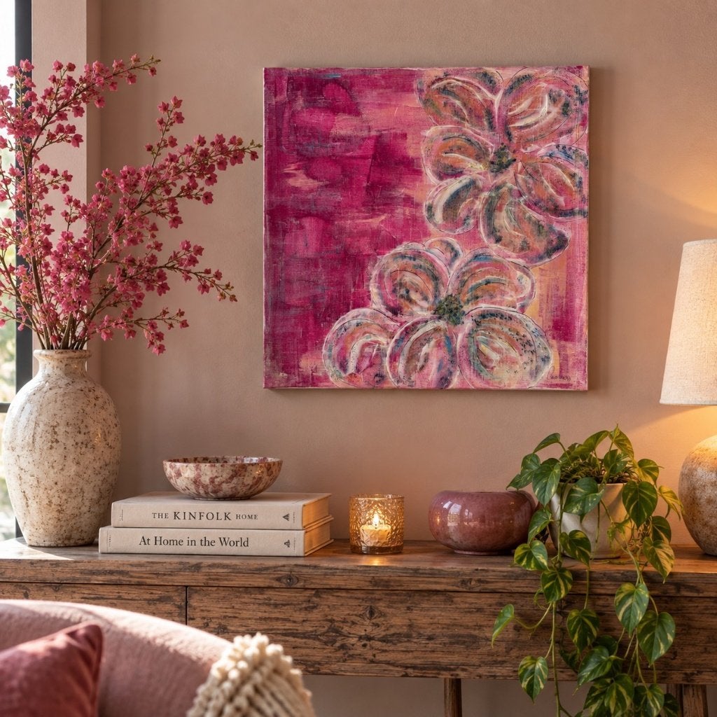 Modern abstract bloemenschilderij op doek, Ophalen of Verzenden