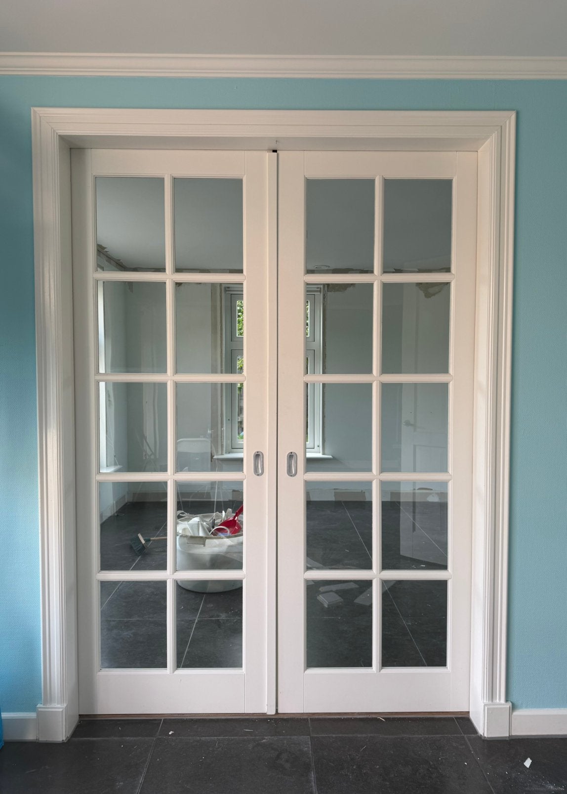 Dubbele houten schuifdeuren met glas jaren 30 stijl, Ophalen, 120 cm of meer, Binnendeur, 200 tot 215 cm