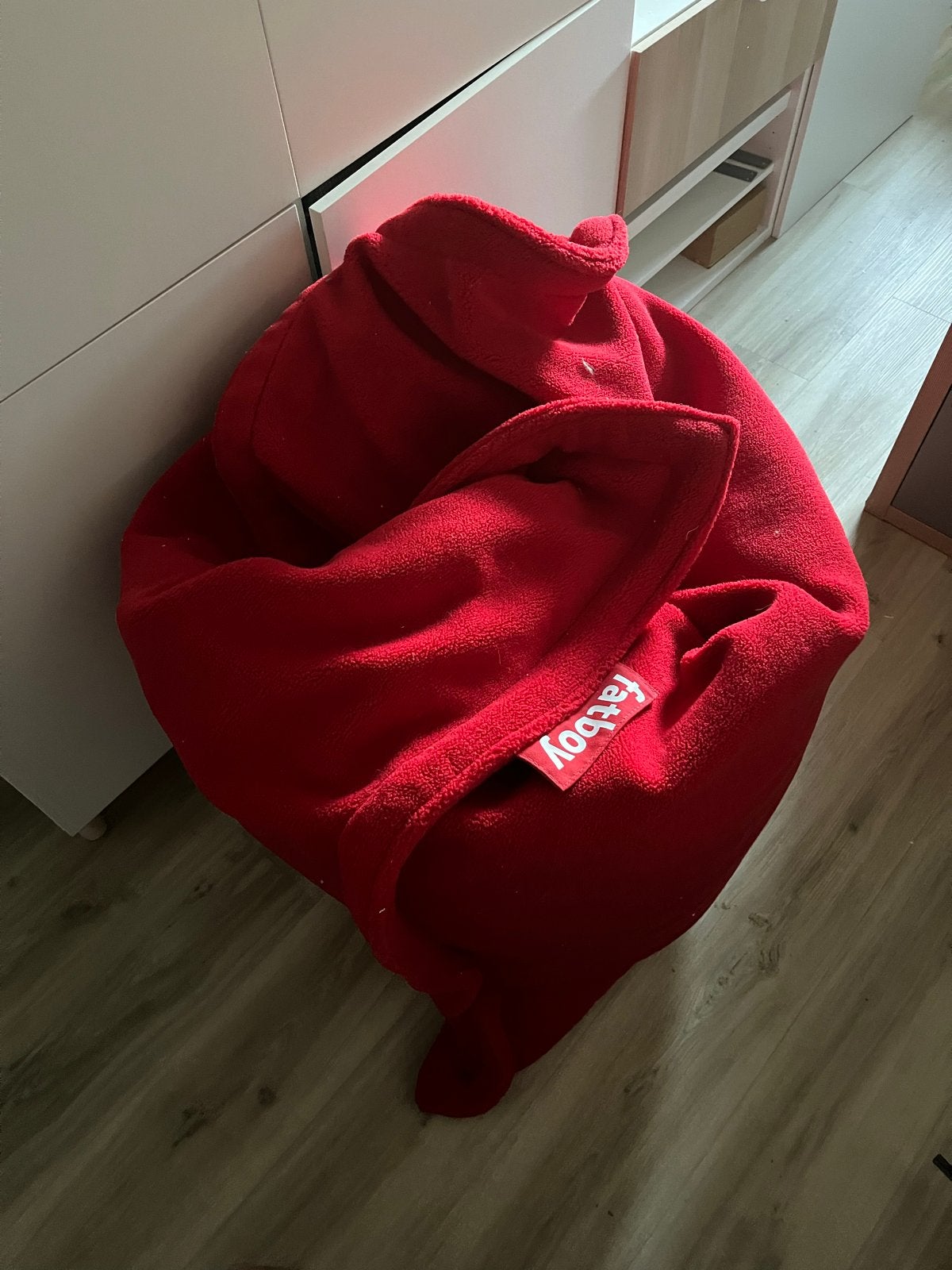 2x Fatboy zitzak - Teddy stof rood en crème wit, Ophalen, Zo goed als nieuw, Rood, Zitzak