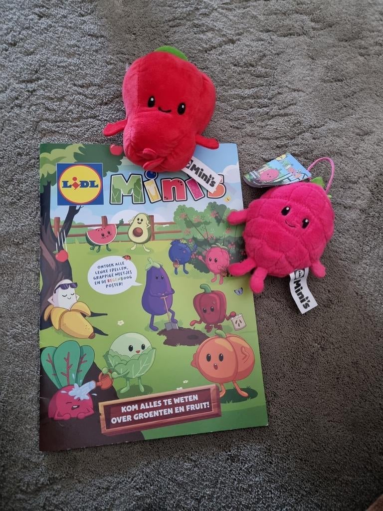 Lidl Mini's Knuffels en doeBoek - paprika en framboos., Lidl, Overige karakters, Overige typen, Ophalen of Verzenden