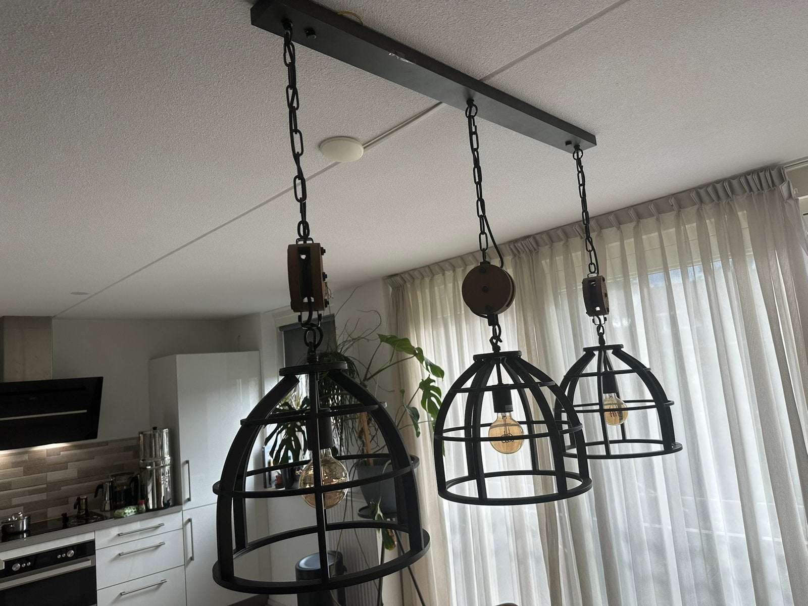 Chericoni Aperto 3-lichts hanglamp met houten katrollen, Ophalen, Zo goed als nieuw, Metaal