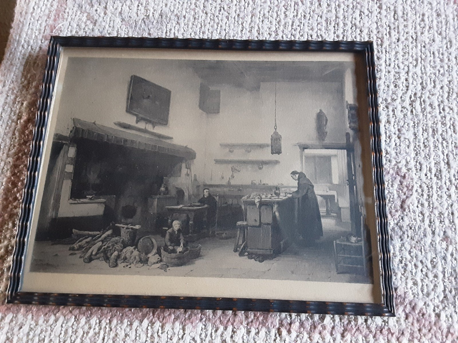 Antieke afdruk van interieurscène, Ophalen of Verzenden, Print, Print/reproductie, Ingelijst