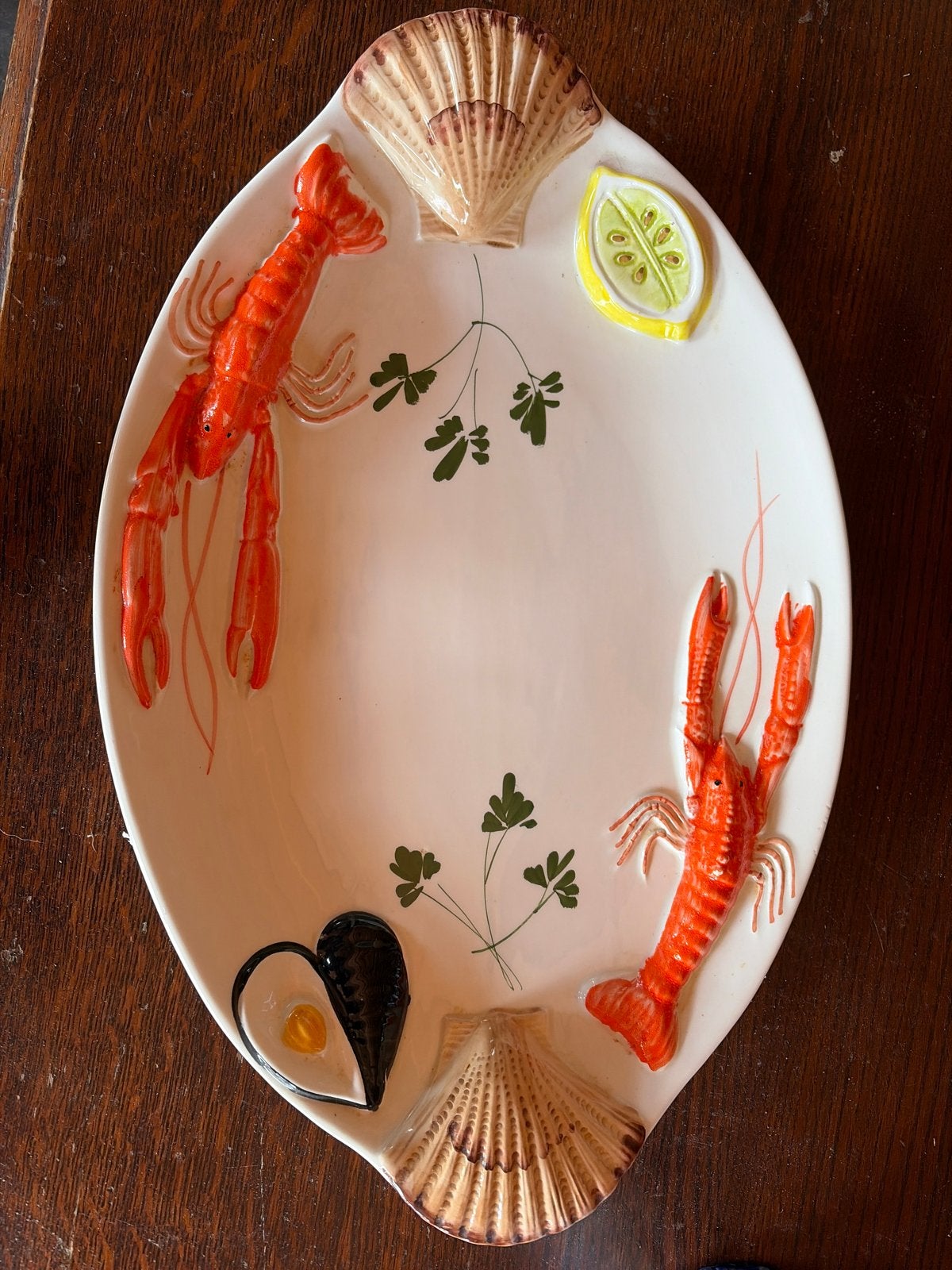 Vintage schaal met kreeft en schelpen decoratie, Gebruikt, Keramiek, Ophalen of Verzenden, Schaal of Schalen
