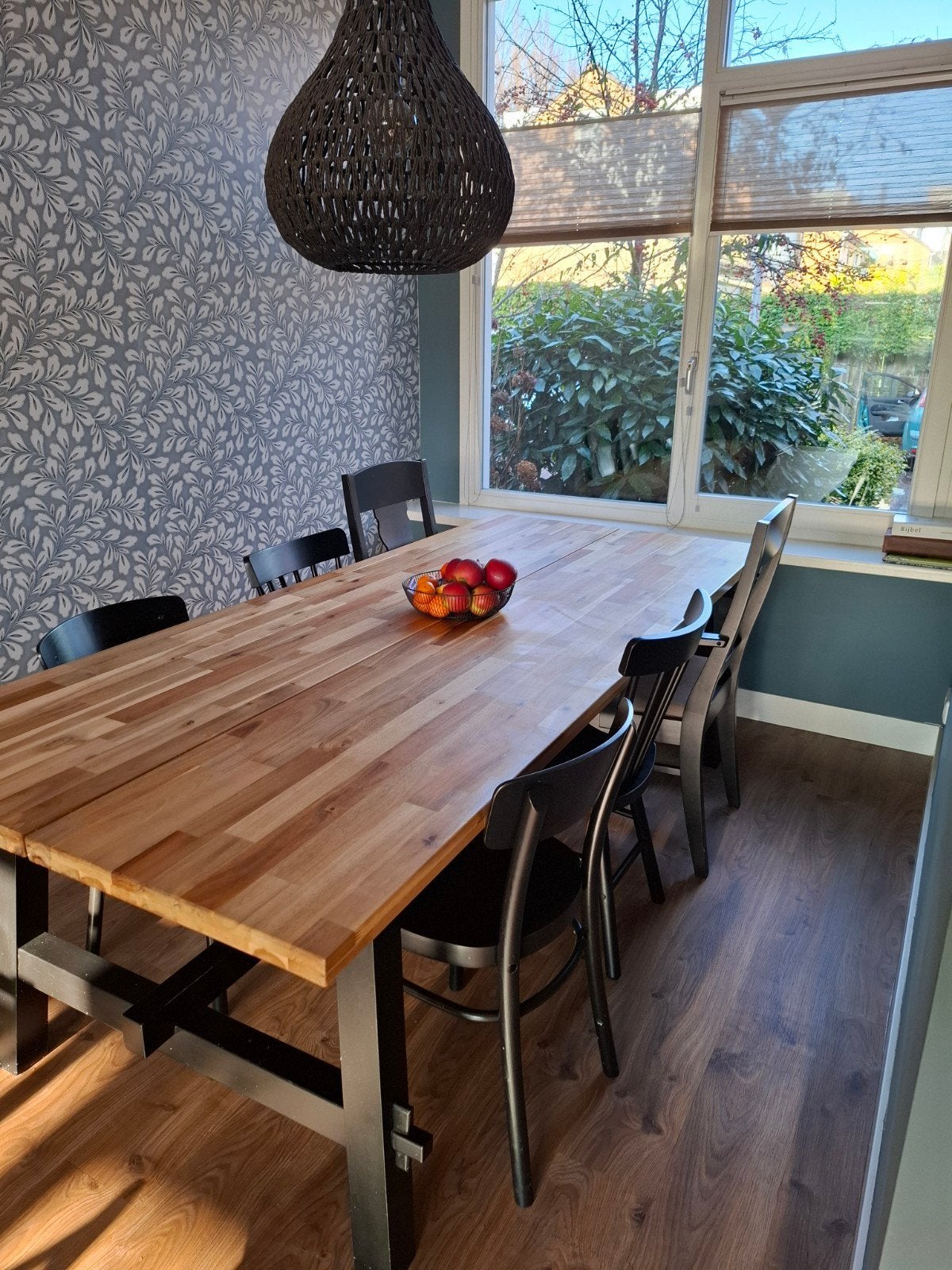 IKEA Skogsta tafel (235x100) en/of zwarte IKEA stoelen, Ophalen, Gebruikt, 200 cm of meer, 50 tot 100 cm