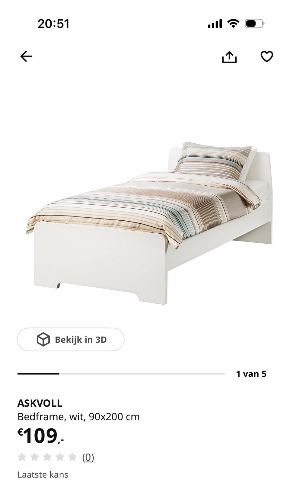 IKEA ASKVOLL Bed wit 90x200 cm met lattenbodem, Huis en Inrichting, Ophalen, 90 cm, Eenpersoons, Wit
