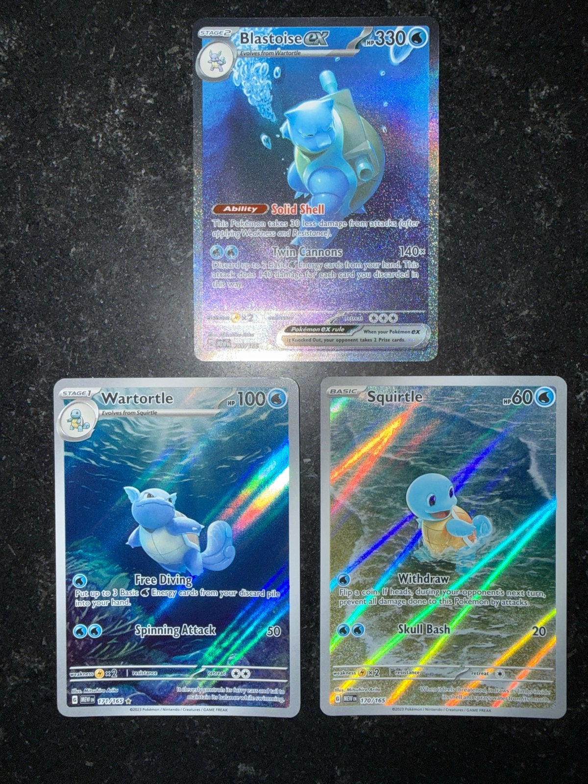 Pokémon 151: Squirtle, Wartortle, Blastoise Evolutie Lijn, Ophalen of Verzenden, Zo goed als nieuw, Meerdere kaarten, Foil