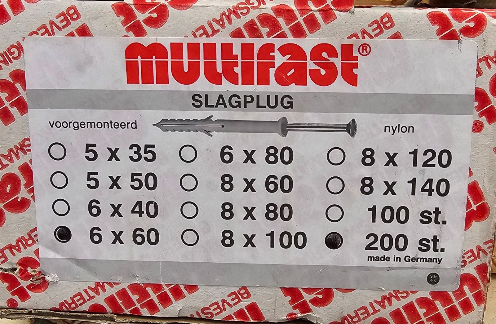slagplug 6x60   50 stuks, Ophalen of Verzenden