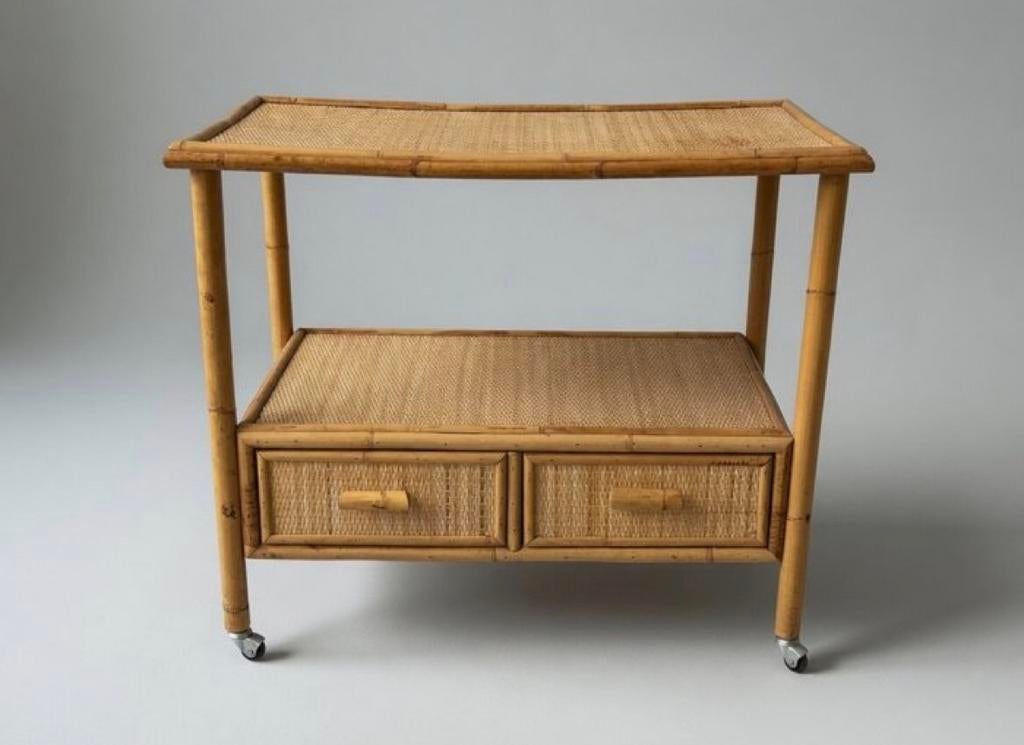 1970s Vintage Roling Bar Cart - Rattan, Bamboo, Huis en Inrichting, Tafels | Sidetables, 50 tot 100 cm, Verzenden, Zo goed als nieuw