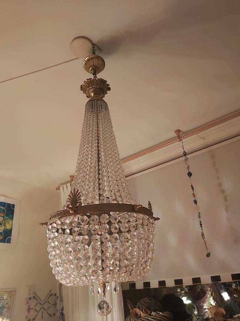 Grote antieke empire bronzen kristallen kroonluchter, Huis en Inrichting, Lampen | Kroonluchters, Ophalen of Verzenden, Zo goed als nieuw