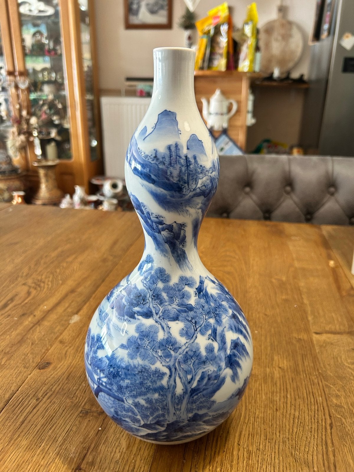 Antieke Chinese Calabash Vaas - Blauw en Wit Porselein, Ophalen of Verzenden