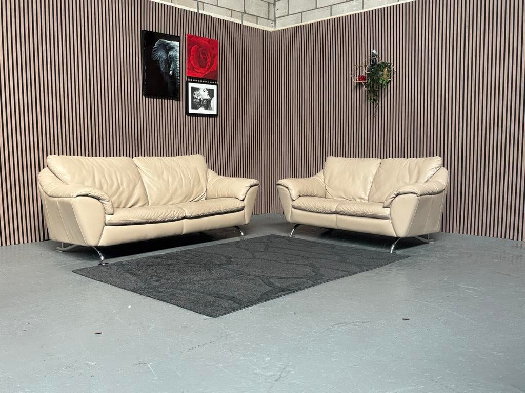 GRATIS LEVERING Set Banken Leer Beige GEREINIGD, 150 tot 200 cm, Ophalen of Verzenden, Zo goed als nieuw, Rechte bank