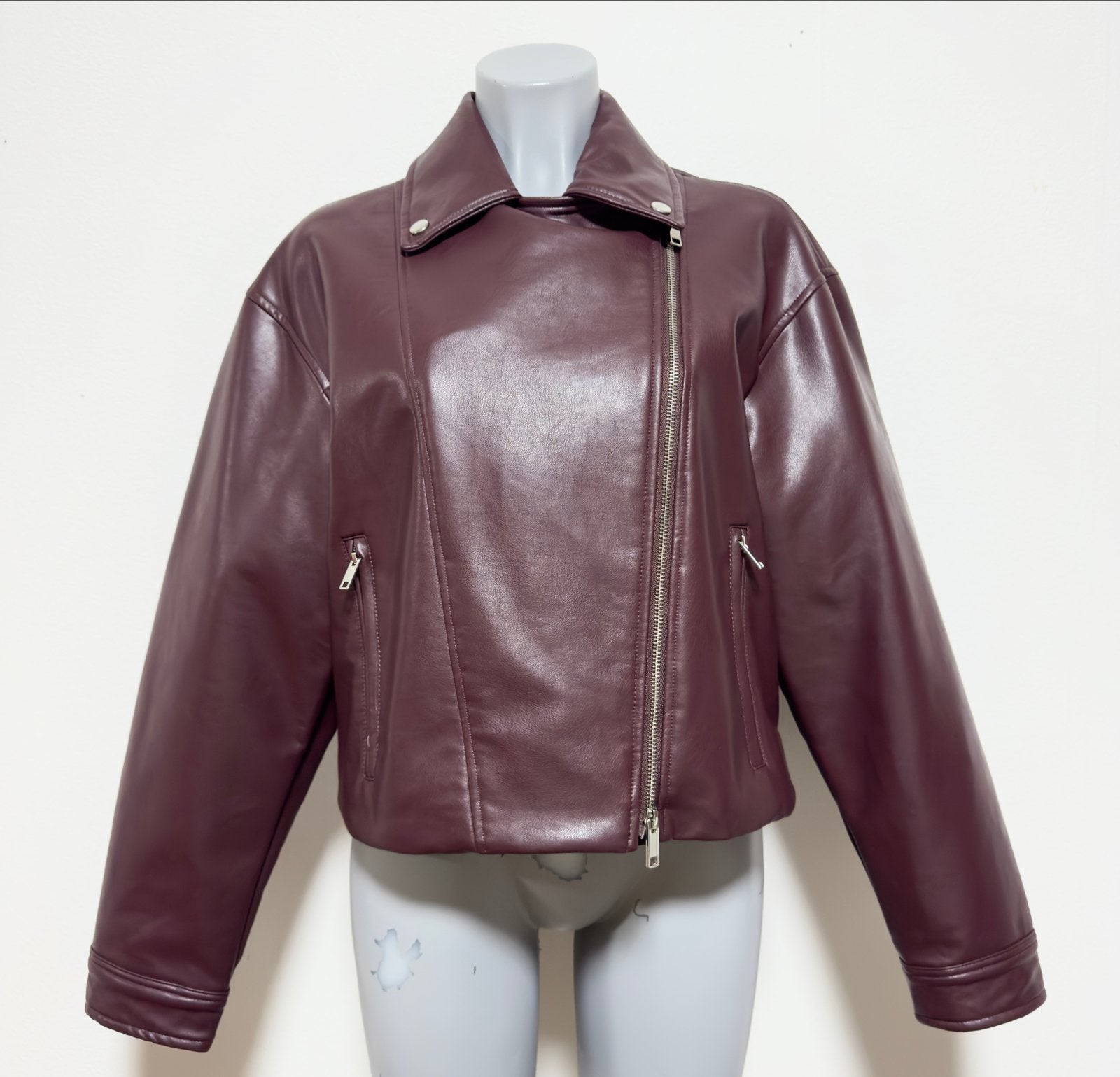 Zara Stijlvol bordeauxrode leren bikerjack Maat- L, Verzenden, Nieuw, Maat 42/44 (L), Rood