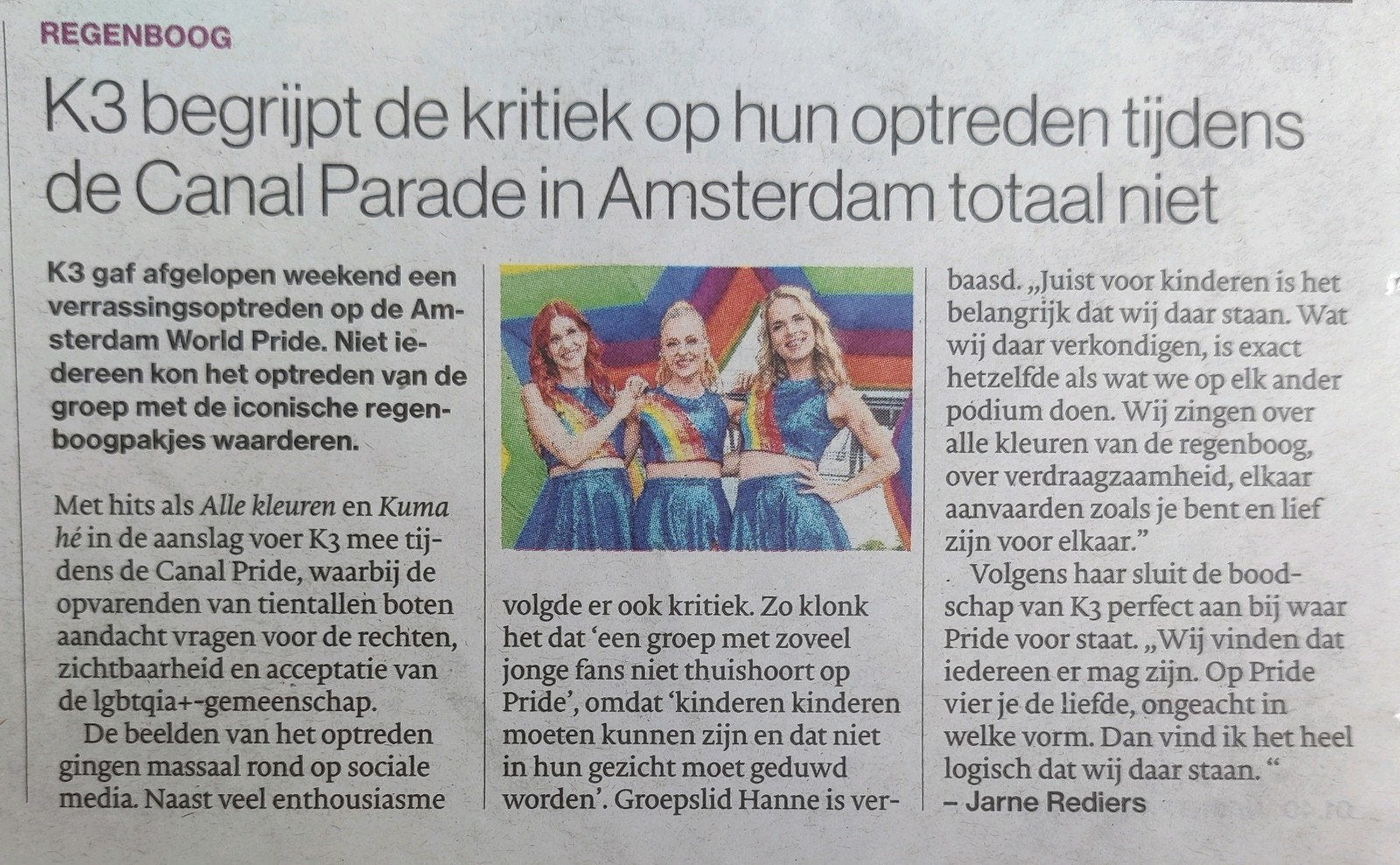 K3 / Canal Parade Krantenartikel Knipsel, Ophalen of Verzenden, 1980 tot heden, Knipsel(s)