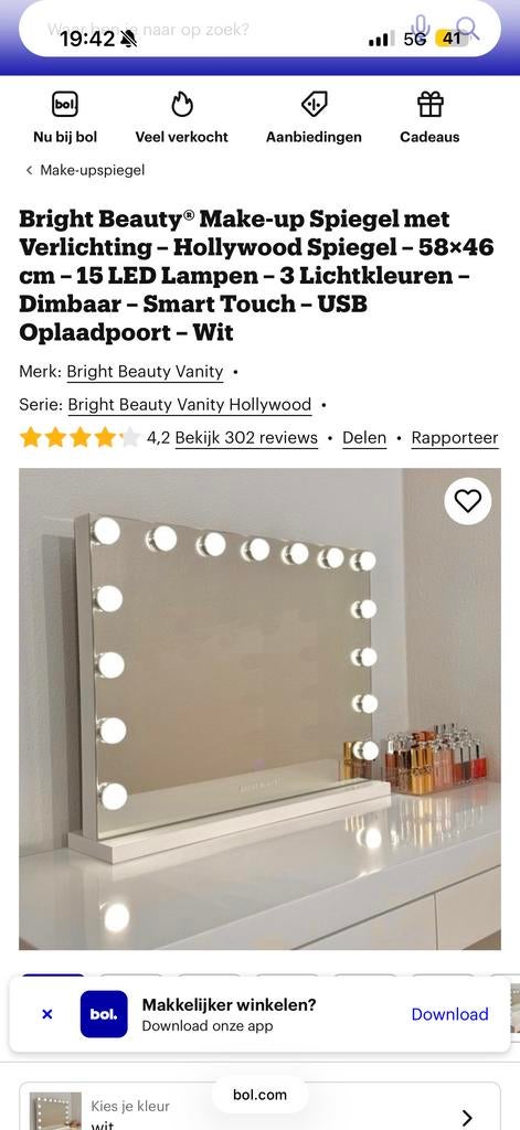 Kaptafel met Make-up Spiegel met Verlichting - Wit, Huis en Inrichting, Ophalen, 50 tot 100 cm, Minder dan 100 cm, Glas