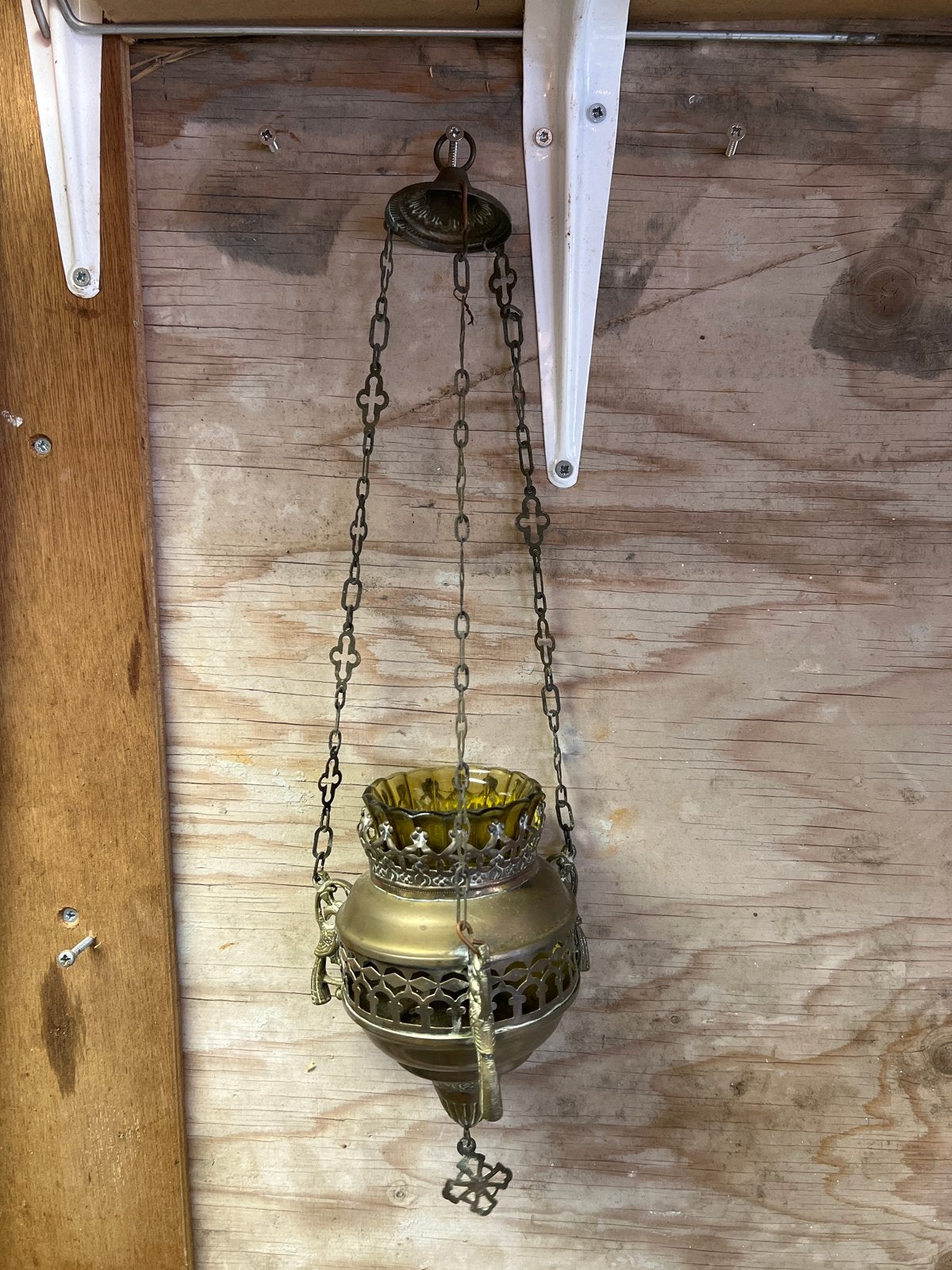 Antieke Godslamp / Hanglamp - Messing met Glas, Antiek en Kunst, Antiek | Religie, Ophalen of Verzenden