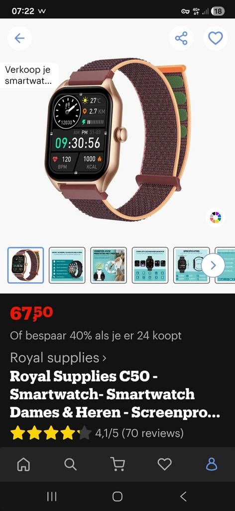 Royal Supplies C50 Smartwatch - Dames & Heren, Sieraden, Tassen en Uiterlijk, Smartwatches, Zwart, Ophalen of Verzenden, Zo goed als nieuw