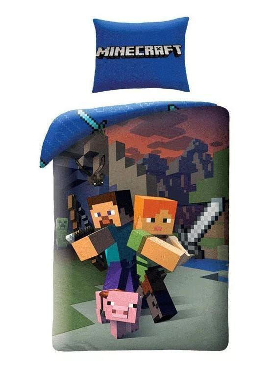 Minecraft Dekbedovertrek 140x200 cm - Steve en Alex - Katoen, Overige kleuren, Dekbedovertrek, Nieuw, Ophalen of Verzenden