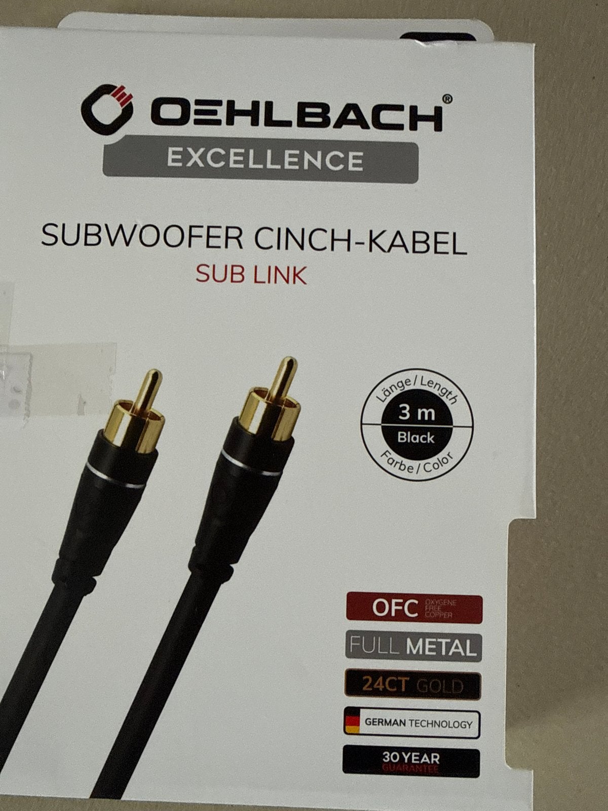 Oehlbach Excellence Subwoofer Cinch-kabel - 3m Zwart, Ophalen of Verzenden, Zo goed als nieuw, 2 tot 5 meter, Interlink-kabel
