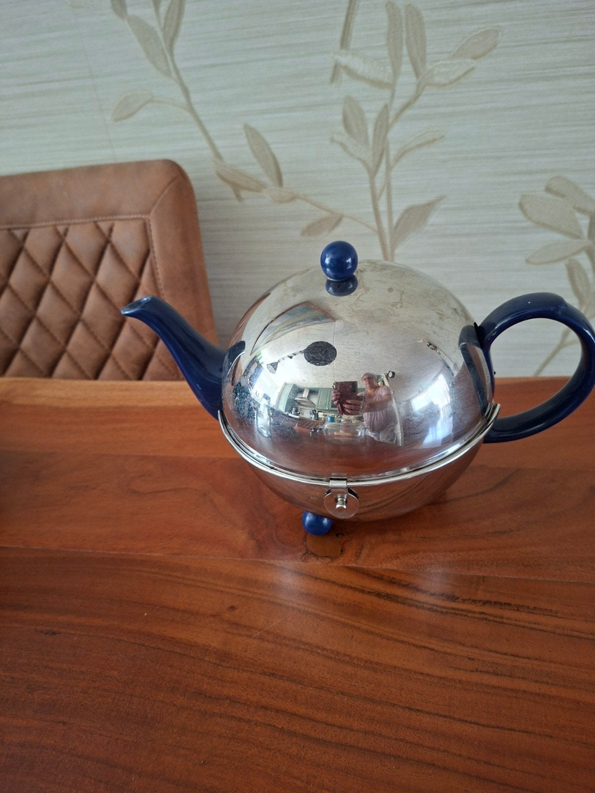 Vintage Bredemeijer theepot met isolerende mantel, blauw, Theepot/fluitketel, Bredemeijer, Ophalen of Verzenden, Metaal