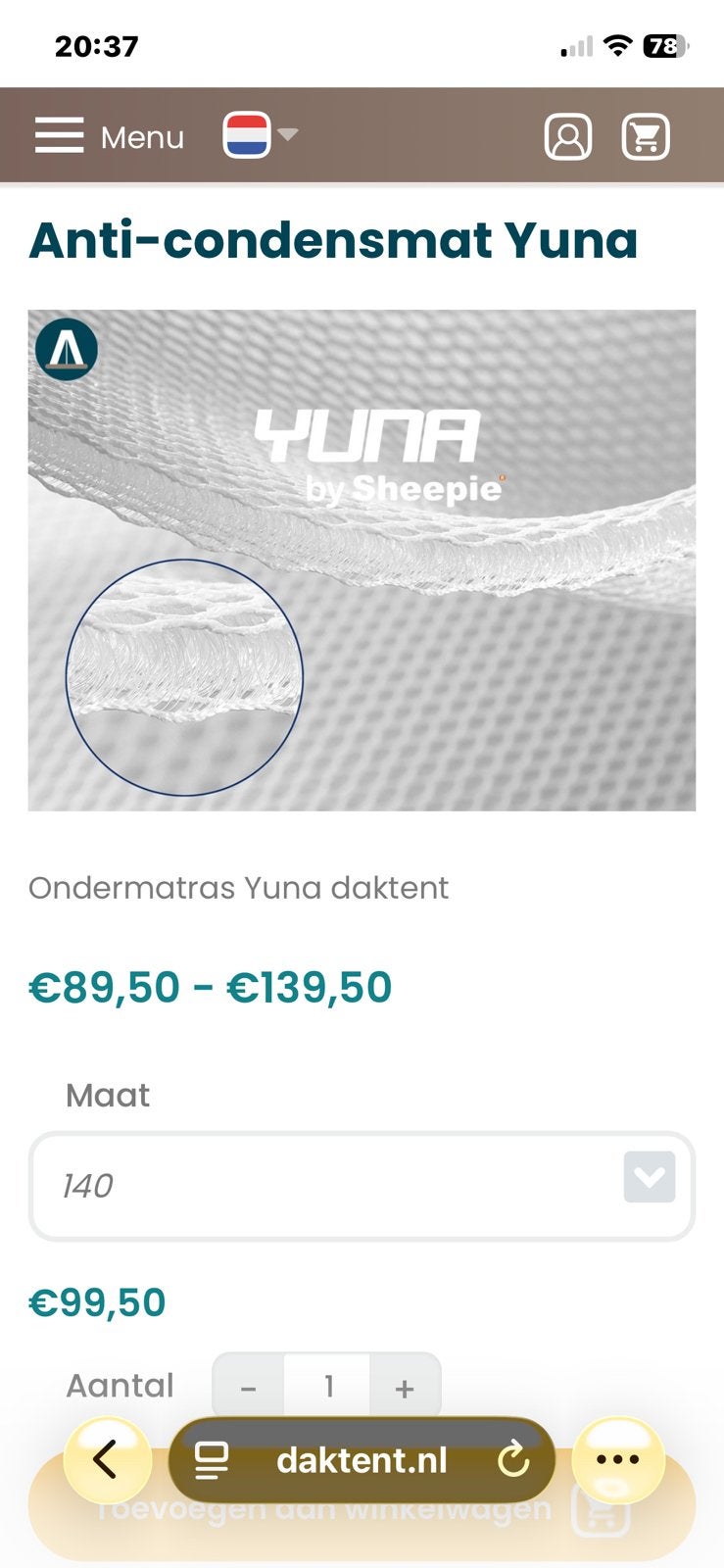 Anti condensmat voor daktent Juna Sheepy 140, Ophalen, Zo goed als nieuw, Tot en met 2