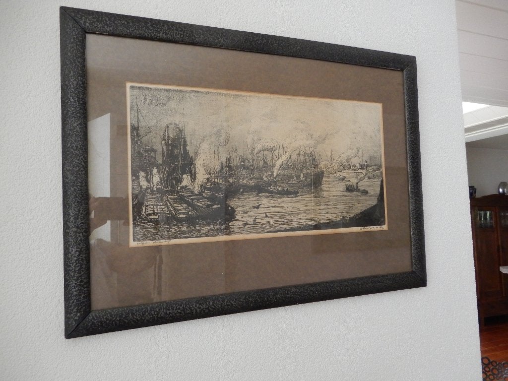 ets van Havengezicht Rotterdam, Jan Schonk, Ophalen of Verzenden, Ets, Ingelijst