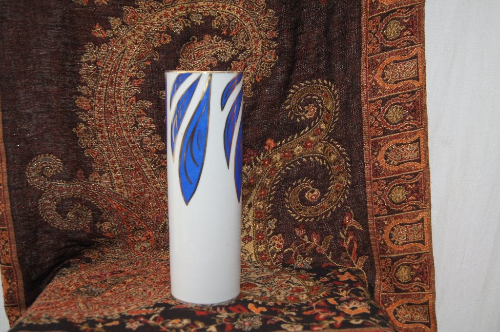 Vaas met wit en blauw en goud bladmotief, Ophalen of Verzenden