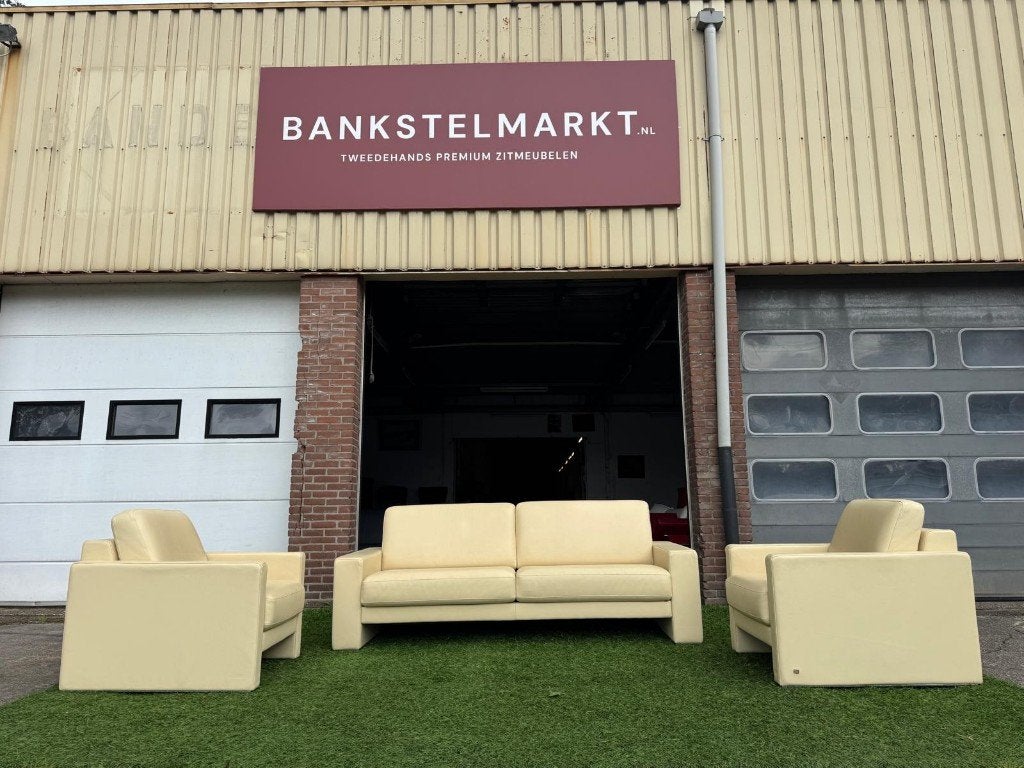 Bankstel Rolf Benz creme leren design bank met fauteuils, Geen, Pahest@hotmail.nl, Design, 75 tot 100 cm