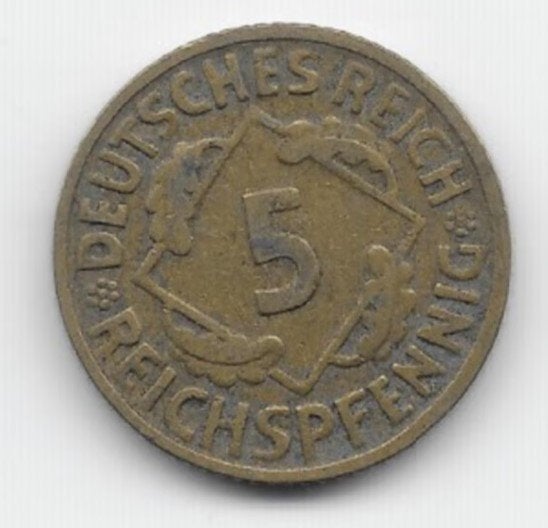 Duitse Rijk 5 reichspfennig 1924 (D) KM# 39, Verzenden, Duitsland, Losse munt