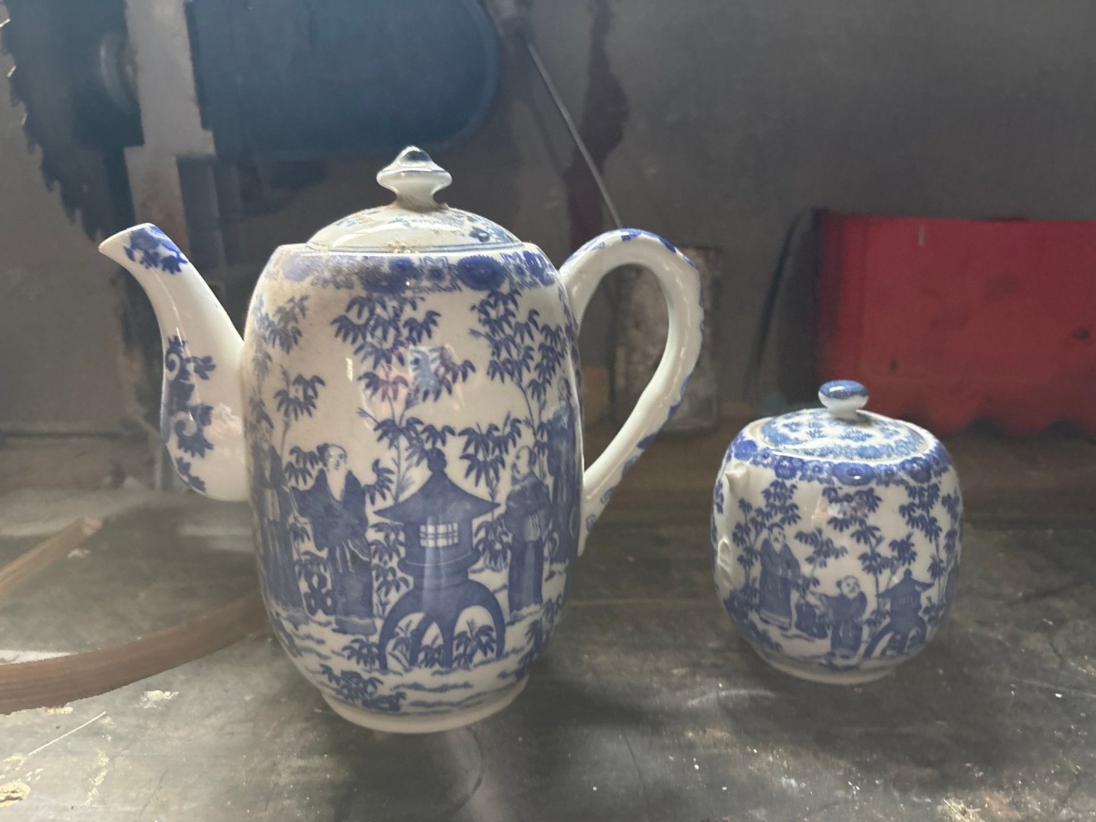 Antieke Chinese theepot en suikerpot, blauw-wit porselein, Antiek en Kunst, Ophalen