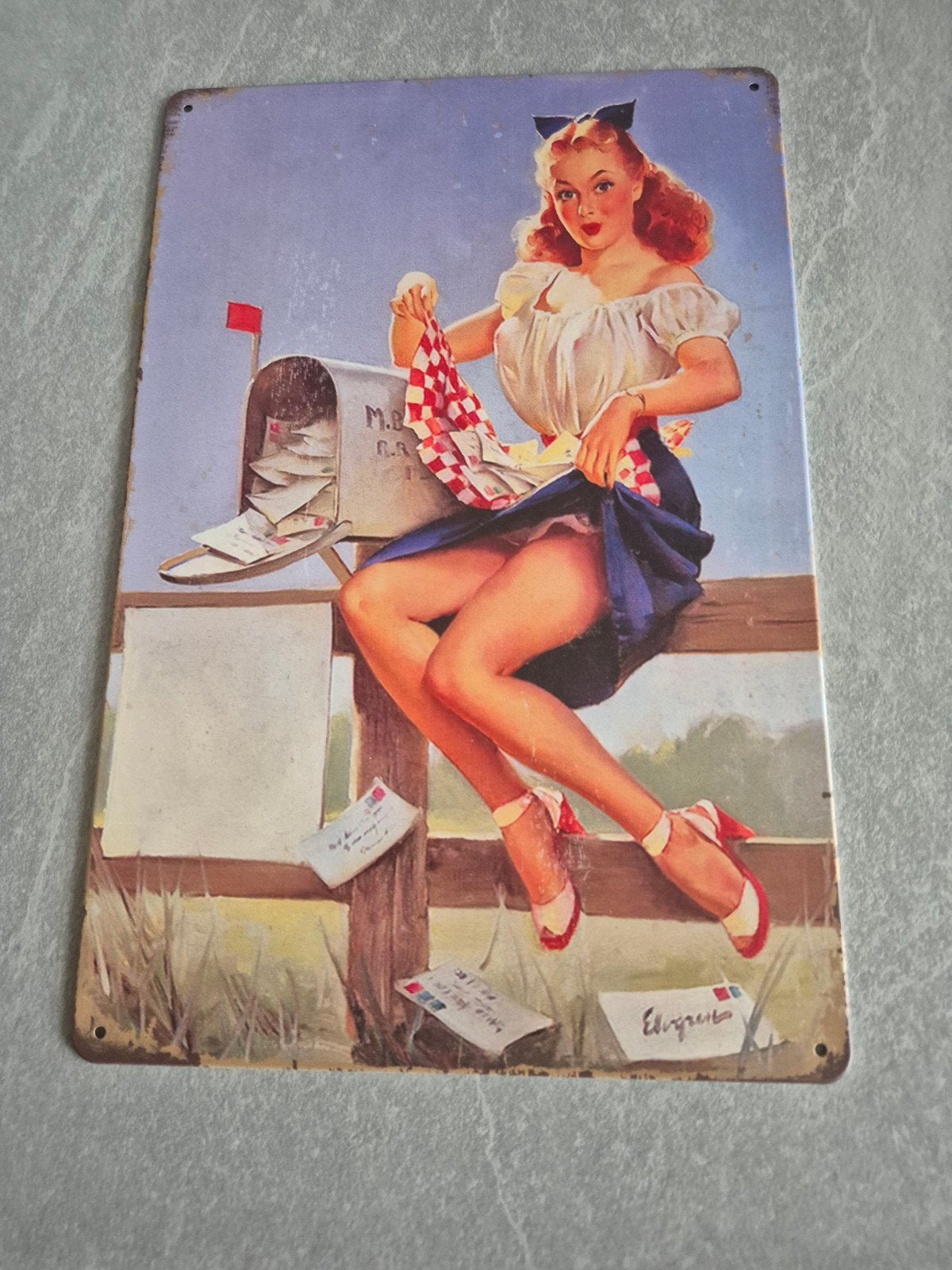 Vintage Pin-up Metalen Plaat - Brievenbus Dame, Ophalen of Verzenden, Nieuw, Reclamebord