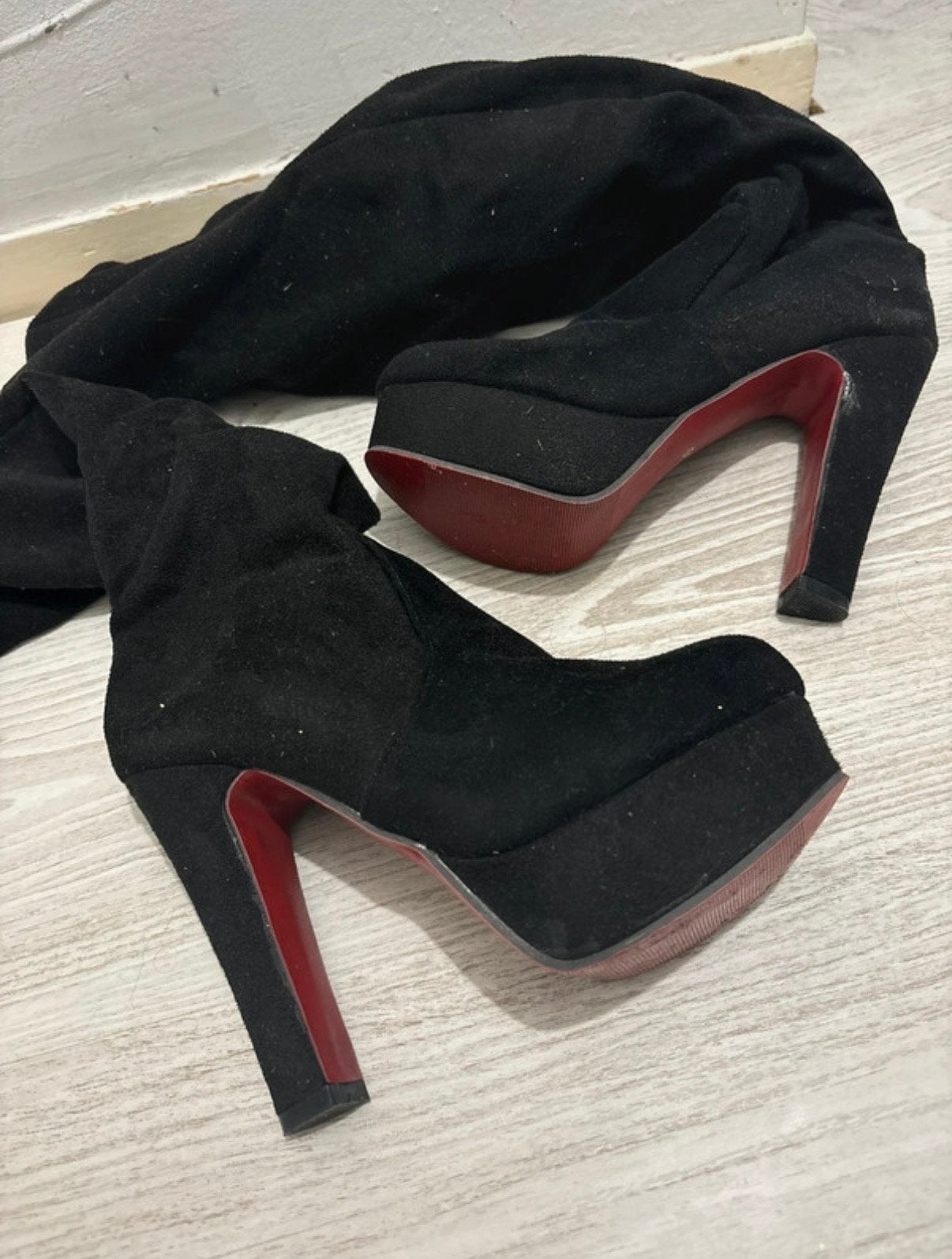 Zwarte Overknee Laarzen met Hoge Hak en Plateauzool, Zwart, Ophalen of Verzenden, Schoenen met hoge hakken, Gedragen