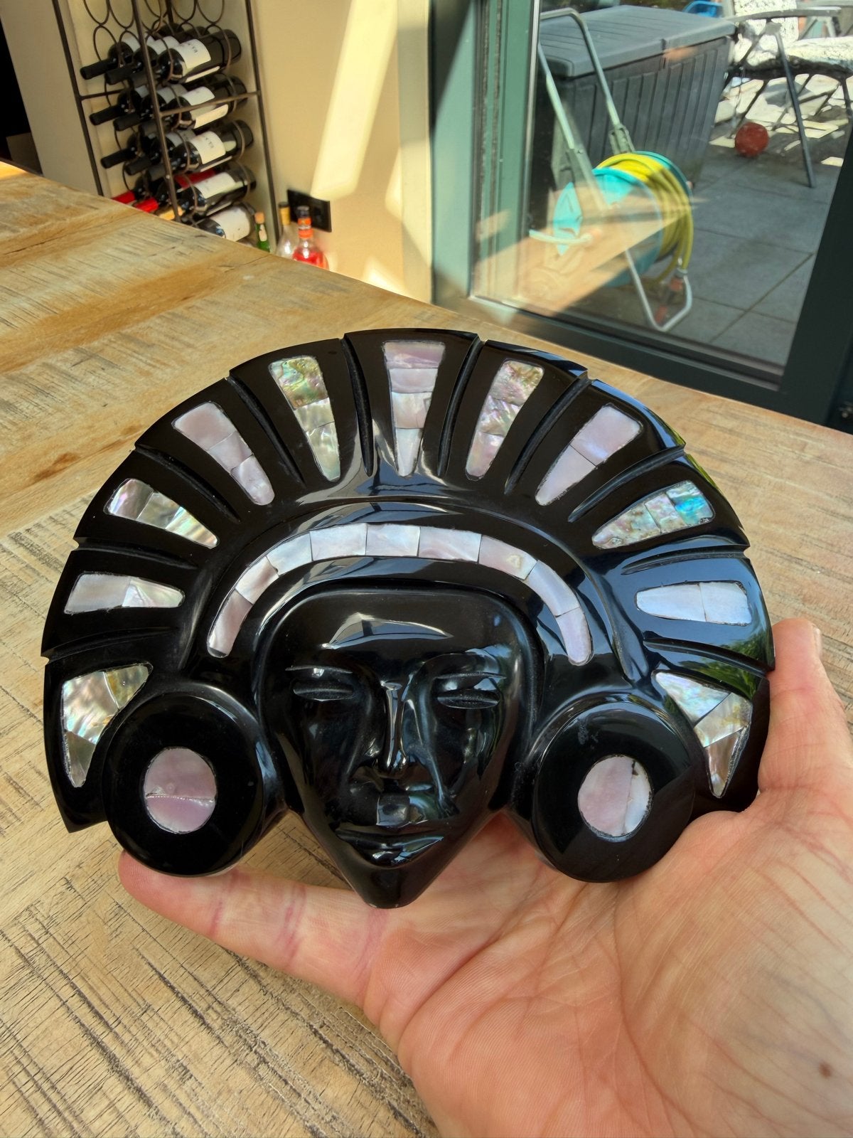 Azteekse obsidiaan Masker met Parelmoer Inleg, Antiek en Kunst, Steen/keramiek, Mexico, Masker, Versierd