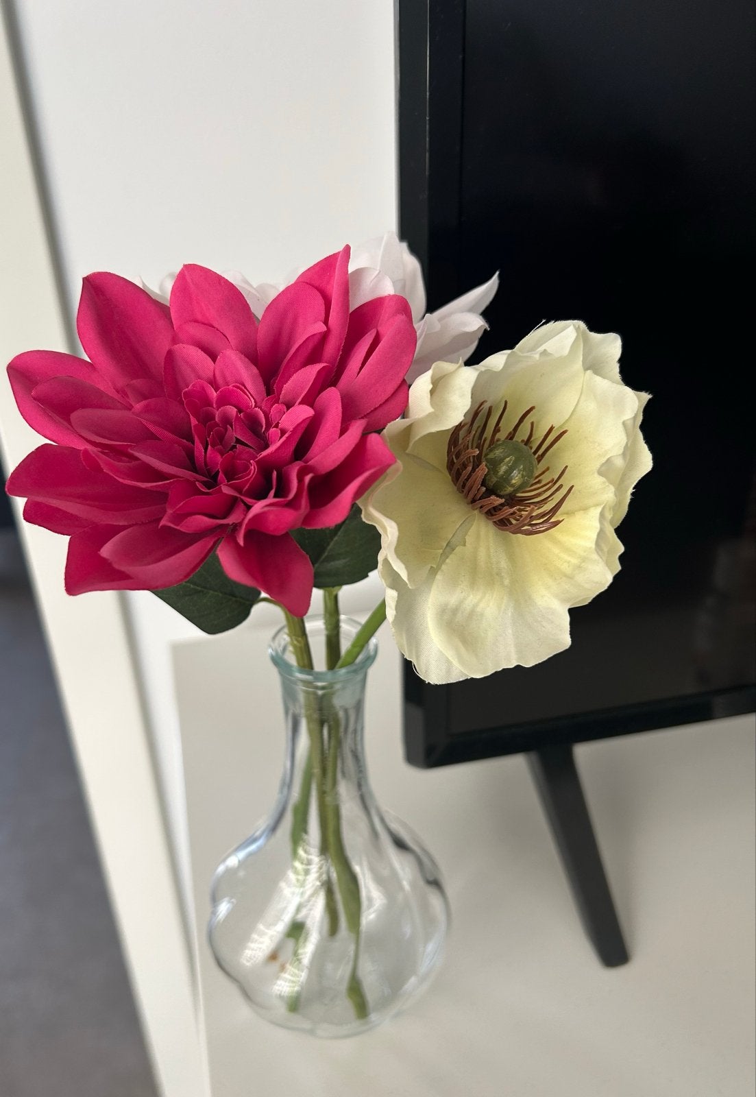 Ikea vaas met 3 kunstbloemen, Ophalen, Transparant, Inclusief decoratie, Glas