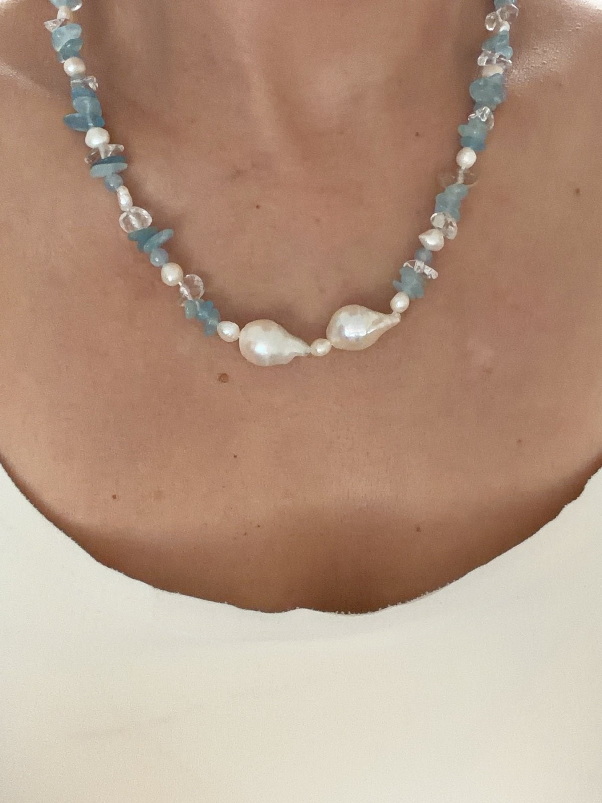 Ketting met zoetwaterparels en aquamarijn, Overige materialen, Blauw, Nieuw, Ophalen of Verzenden