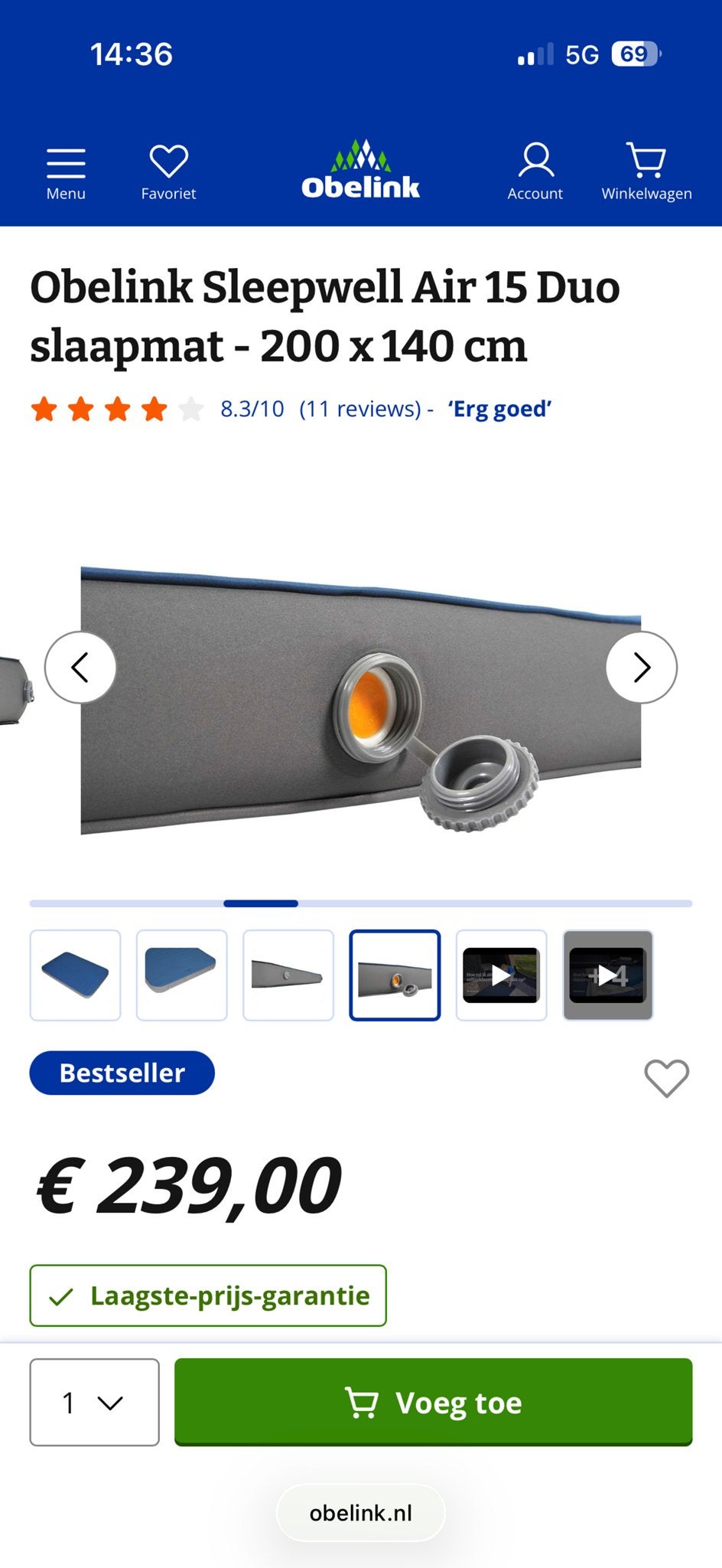 Obelink Sleepwell Air 15 Duo zelfopblazende slaapmat, Ophalen, Zo goed als nieuw