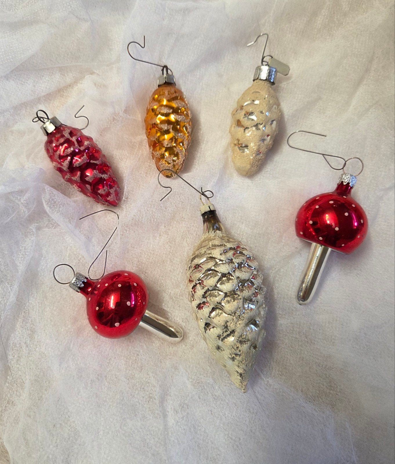 Set van 6 Antieke Glazen Kerstballen - Dennenappels & Padden, Ophalen, Gebruikt