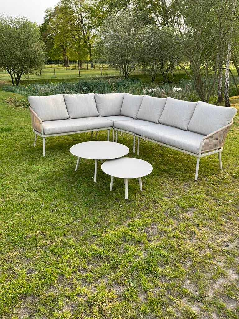 Nieuwe hoekloungeset 270 x 210 incl. 2 tafels, Ophalen, Zo goed als nieuw, Aluminium