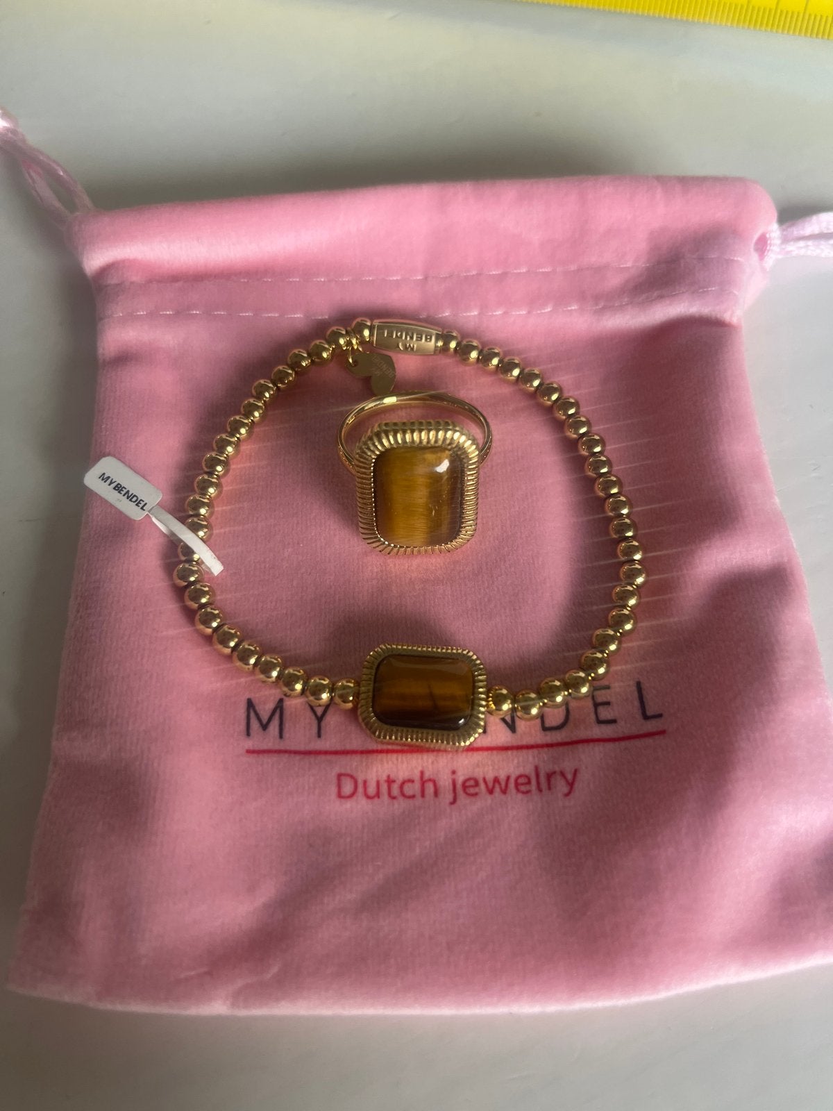 My Bendel Armband & Ring Tijgeroog Goud - Nieuw, Staal, Nieuw, Ophalen of Verzenden, Met edelsteen