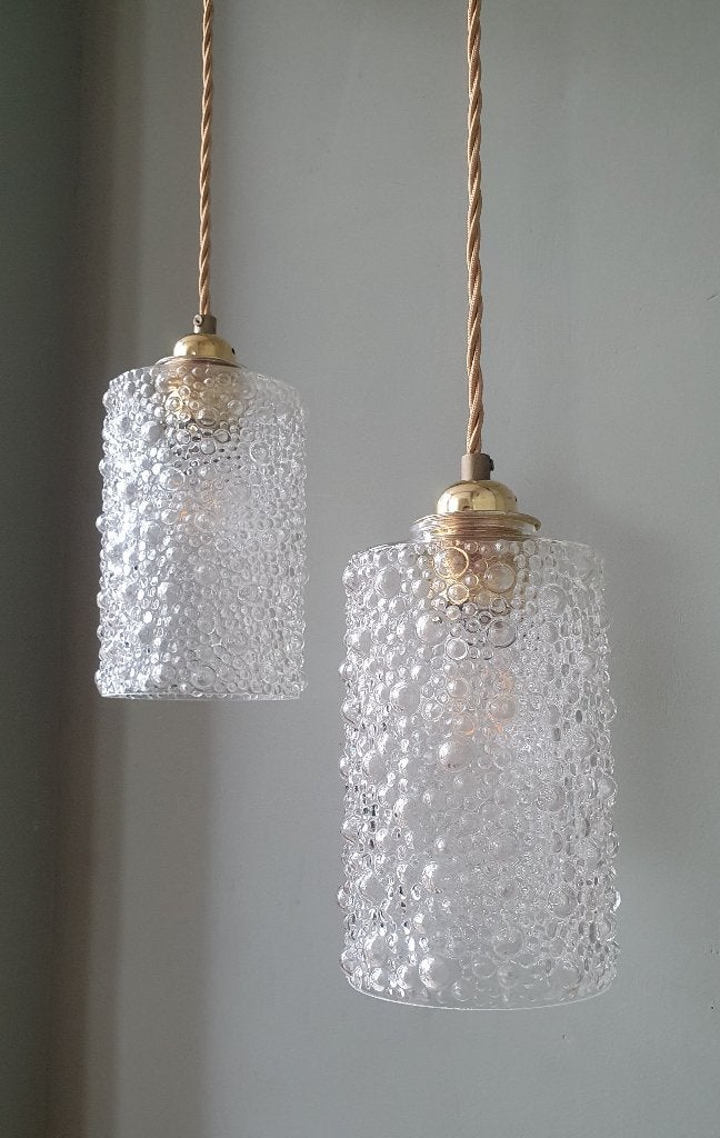 Set van 2 Vintage glazen hanglampen - bubble glass textuur, Zo goed als nieuw, Glas, Hollywood Regency, Vintage, Midcentury, E27 (groot)