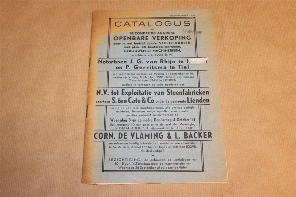 Catalogus Openbare Verkoping Steenfabriek - 1951 !!, Ophalen of Verzenden, Zo goed als nieuw