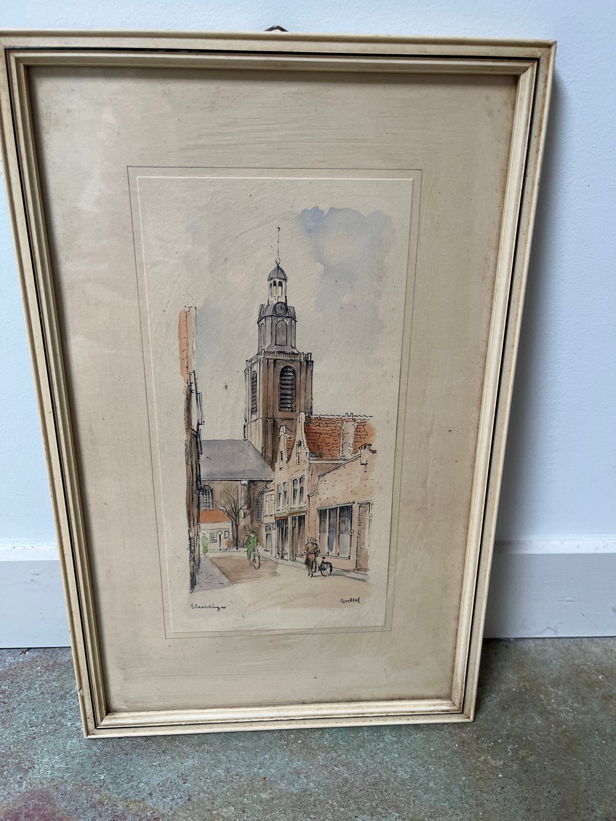 Aquarel kerktoren Vlaardingen, ingelijst 21x34 cm, Ophalen, Tekening, Aquarel, Ingelijst