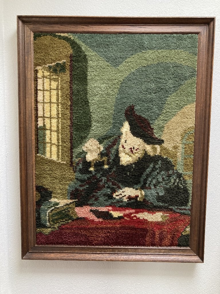 Te koop vintage geborduurd schilderij de goudweger., Ophalen, Overige stijlen, Overige technieken, Overige onderwerpen